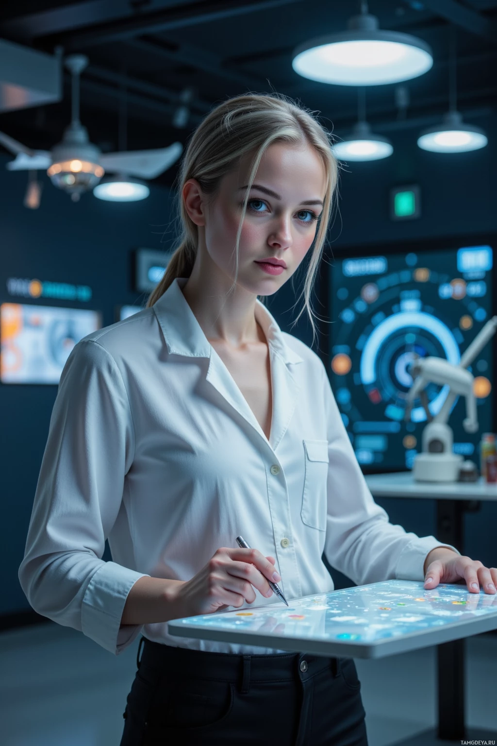 A woman in a white shirt stands in a modern, tech-focused environment, holding a pen and a tablet.