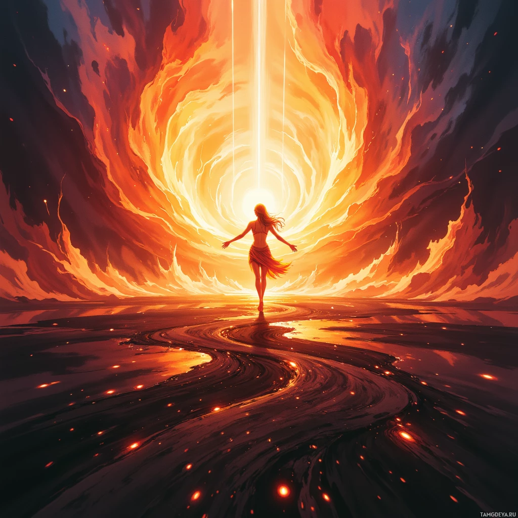 A woman stands at the center of a fiery, swirling vortex leading to a bright light.