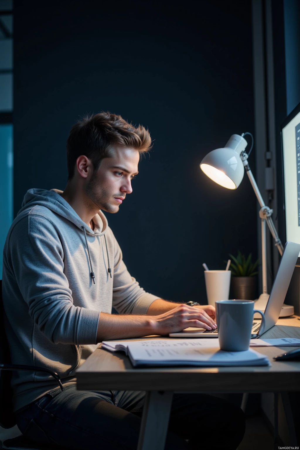A person is sitting at a desk, working on a laptop under a desk lamp.