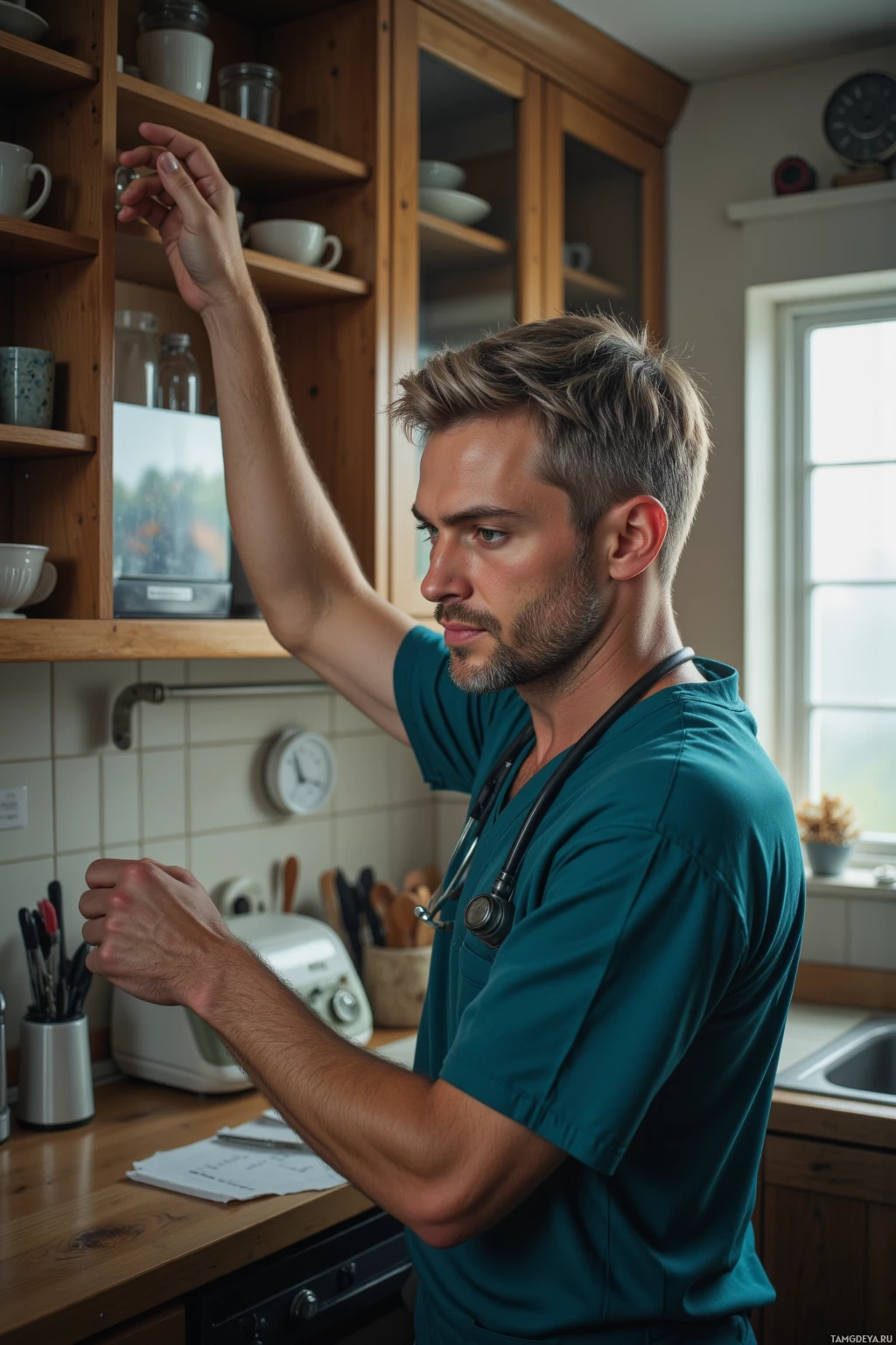 A man in teal scrubs reaches up to a cabinet shelf while standing in a kitchen.