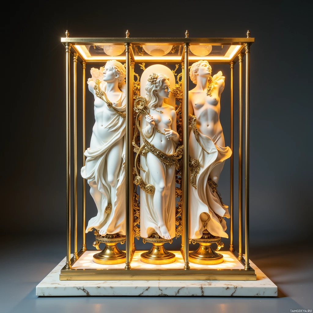 A classical sculpture of three nude figures encased in a golden frame with a glowing interior.