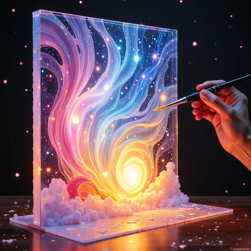 A hand holds a paintbrush, creating a vibrant, abstract painting with swirling colors and glowing particles.