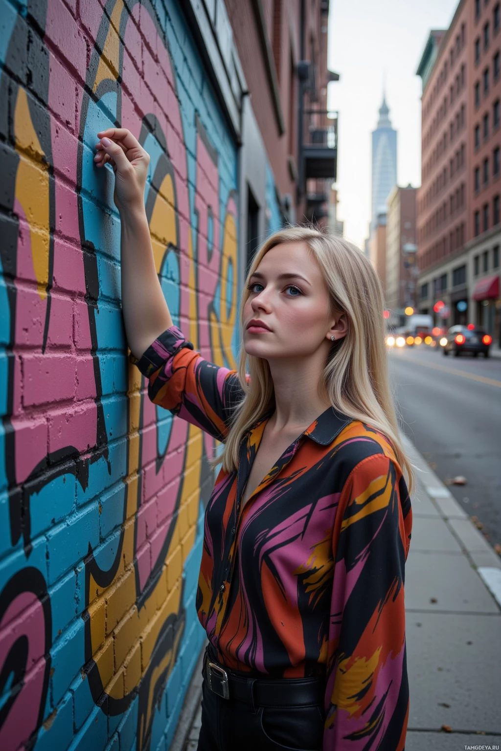 A person stands near a colorful graffiti wall in an urban setting.