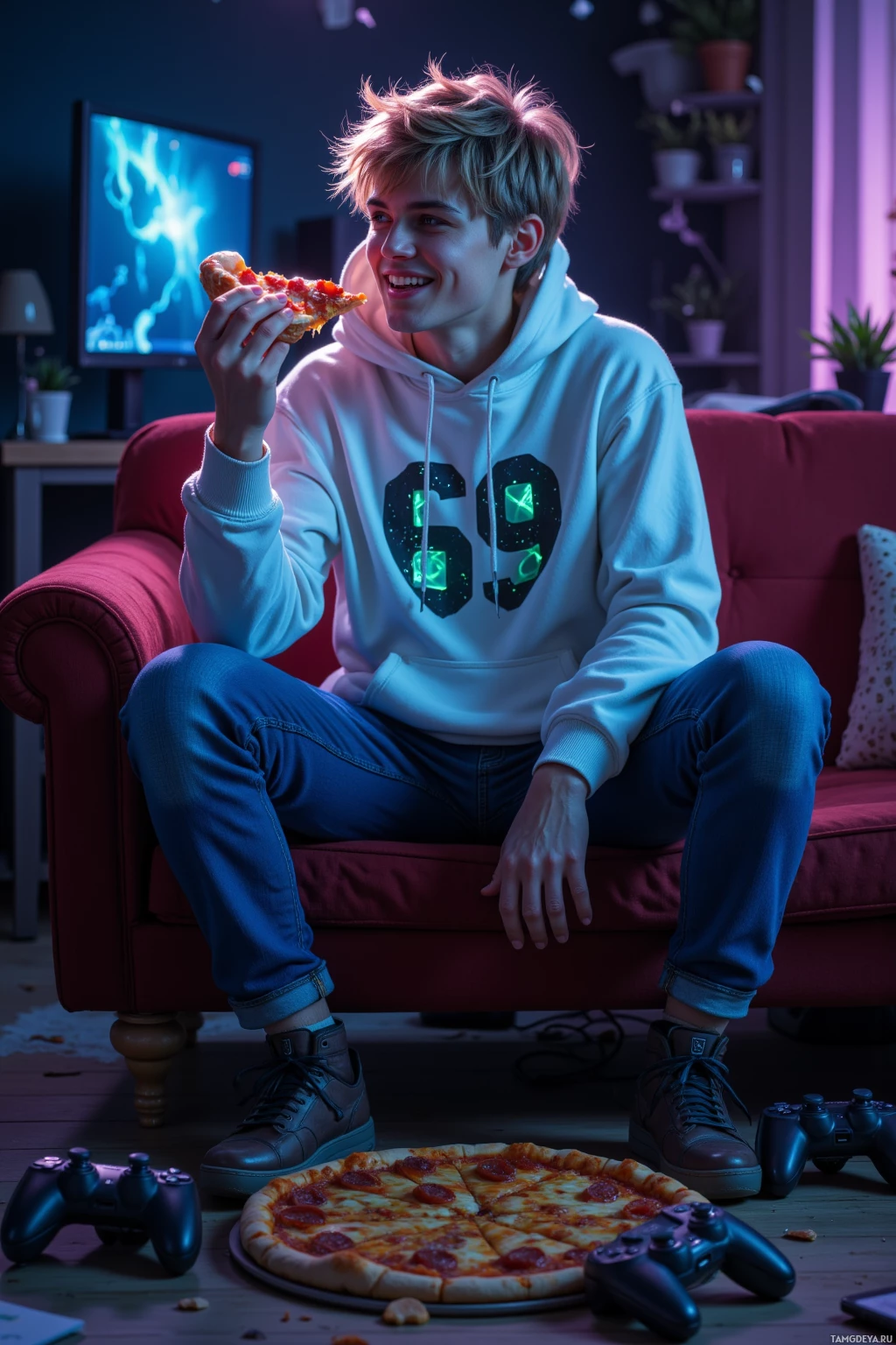 A person in a hoodie sits on a red couch, eating pizza and surrounded by gaming controllers.