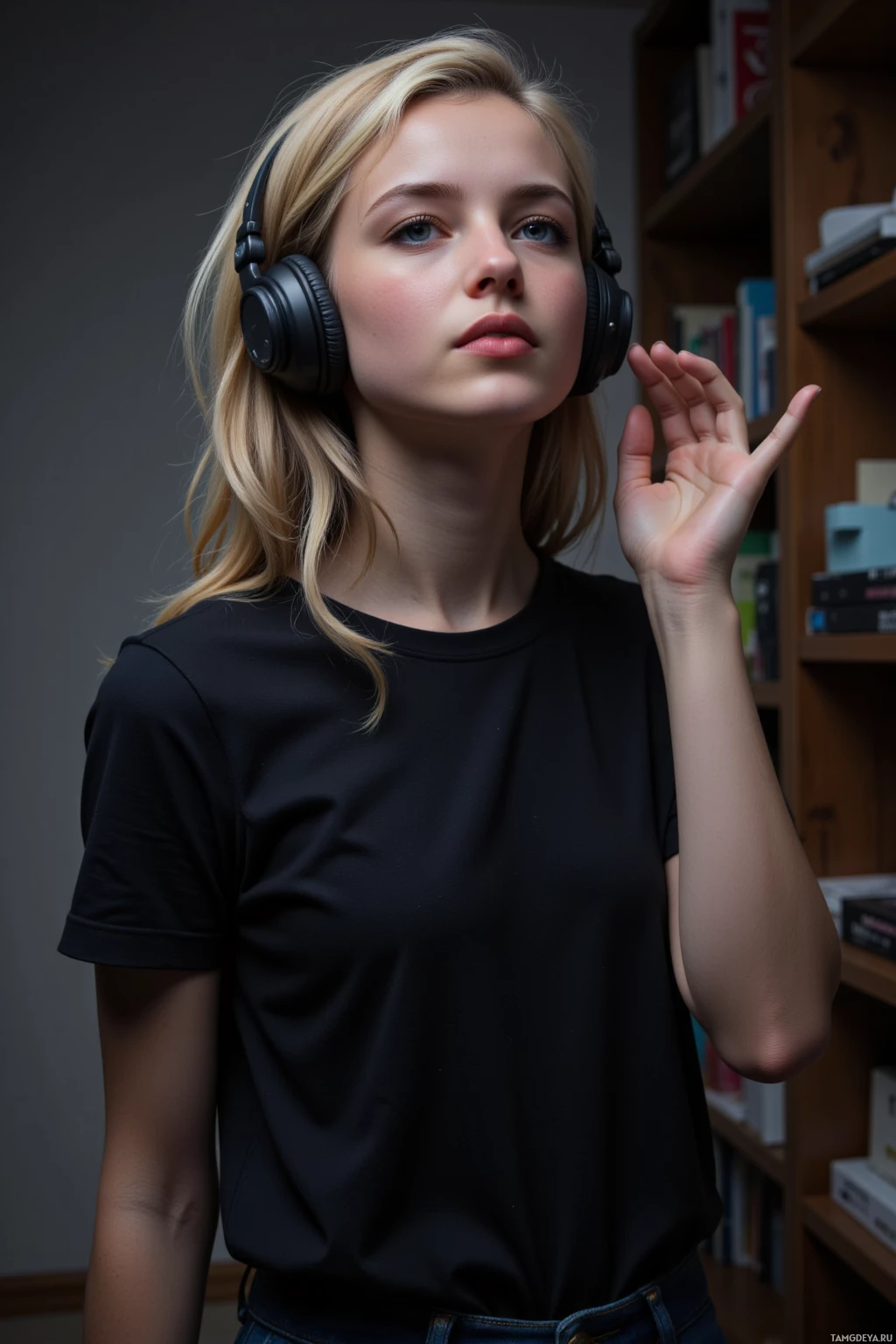 A person wearing headphones and a black shirt stands in front of a bookshelf.