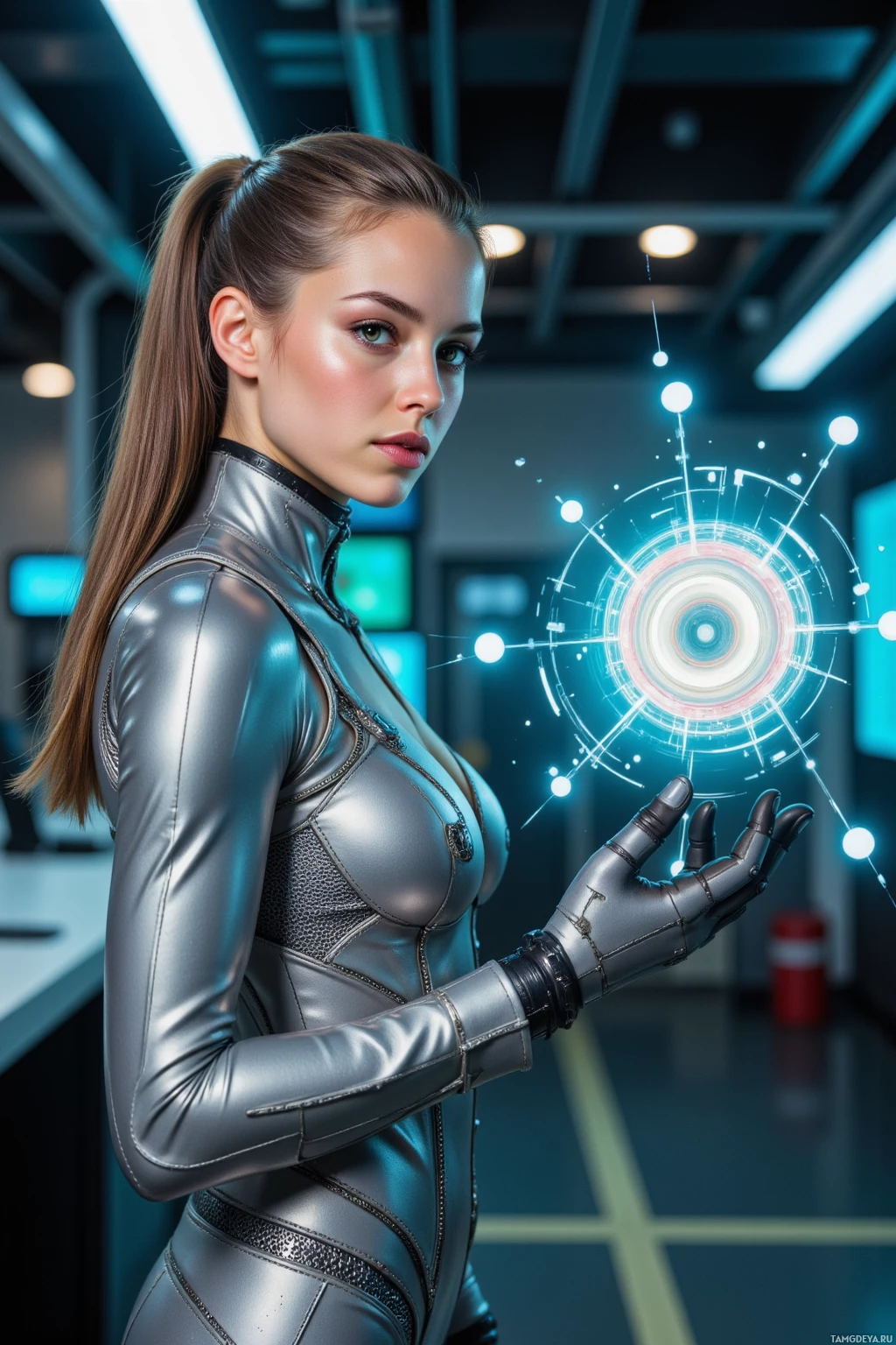 A person in a futuristic metallic outfit stands in a high-tech environment, interacting with a glowing, circular interface.