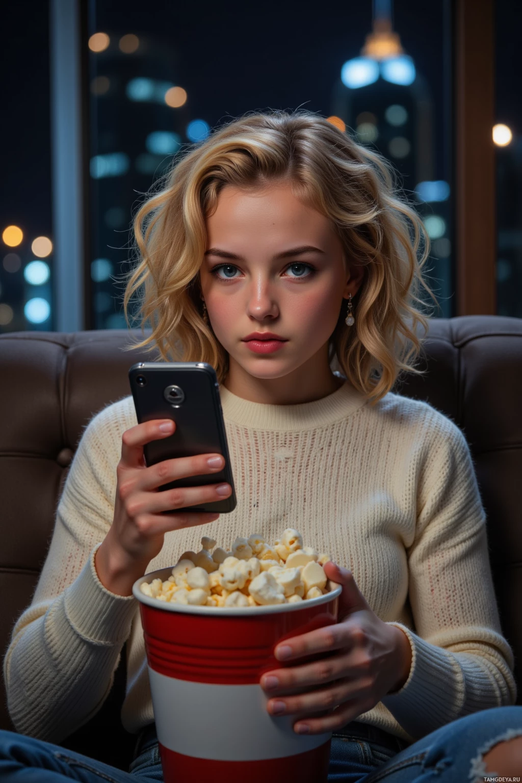 A person is sitting on a couch, holding a smartphone and a bucket of popcorn.