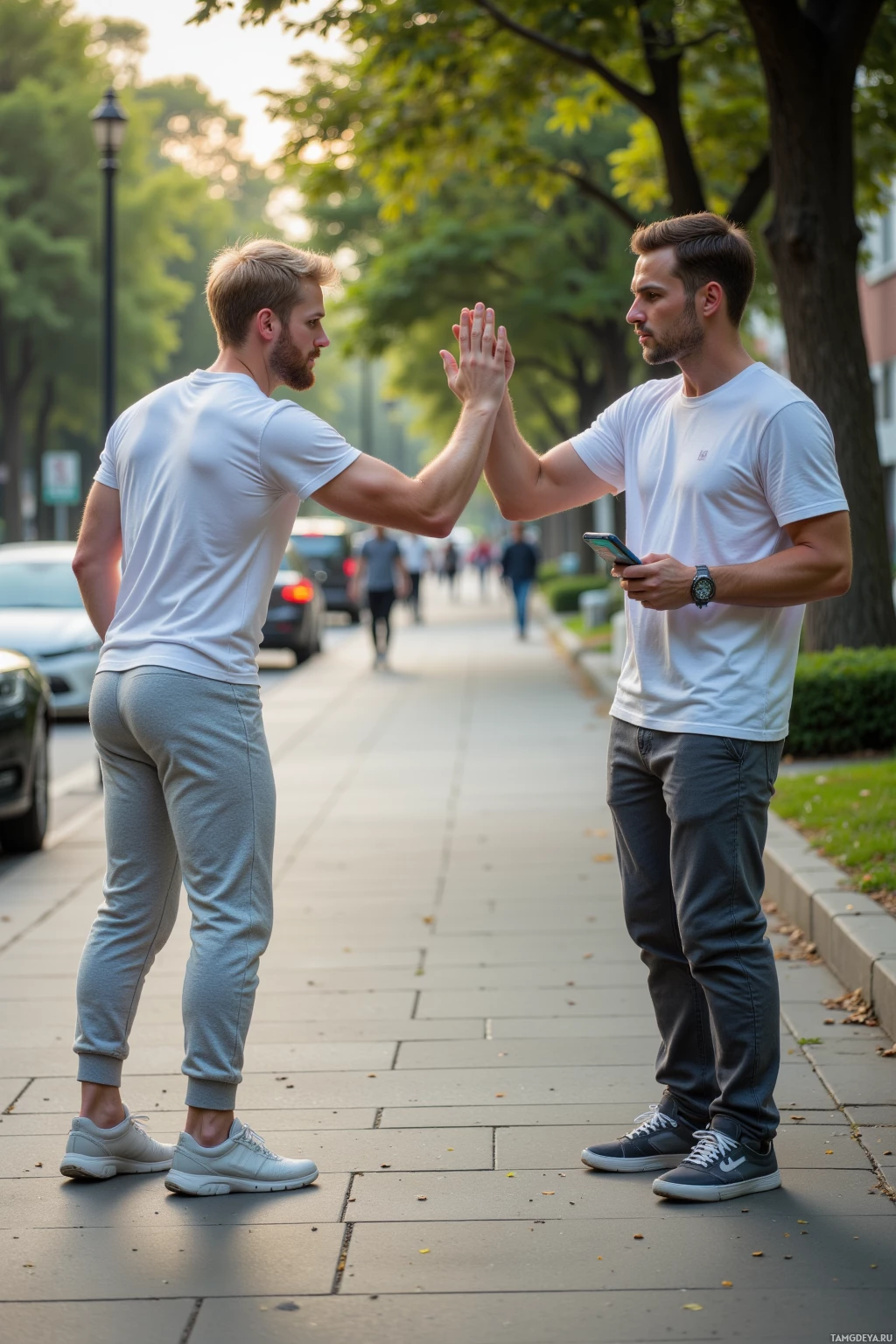 Two individuals exchange a high-five on a sidewalk in an urban setting.