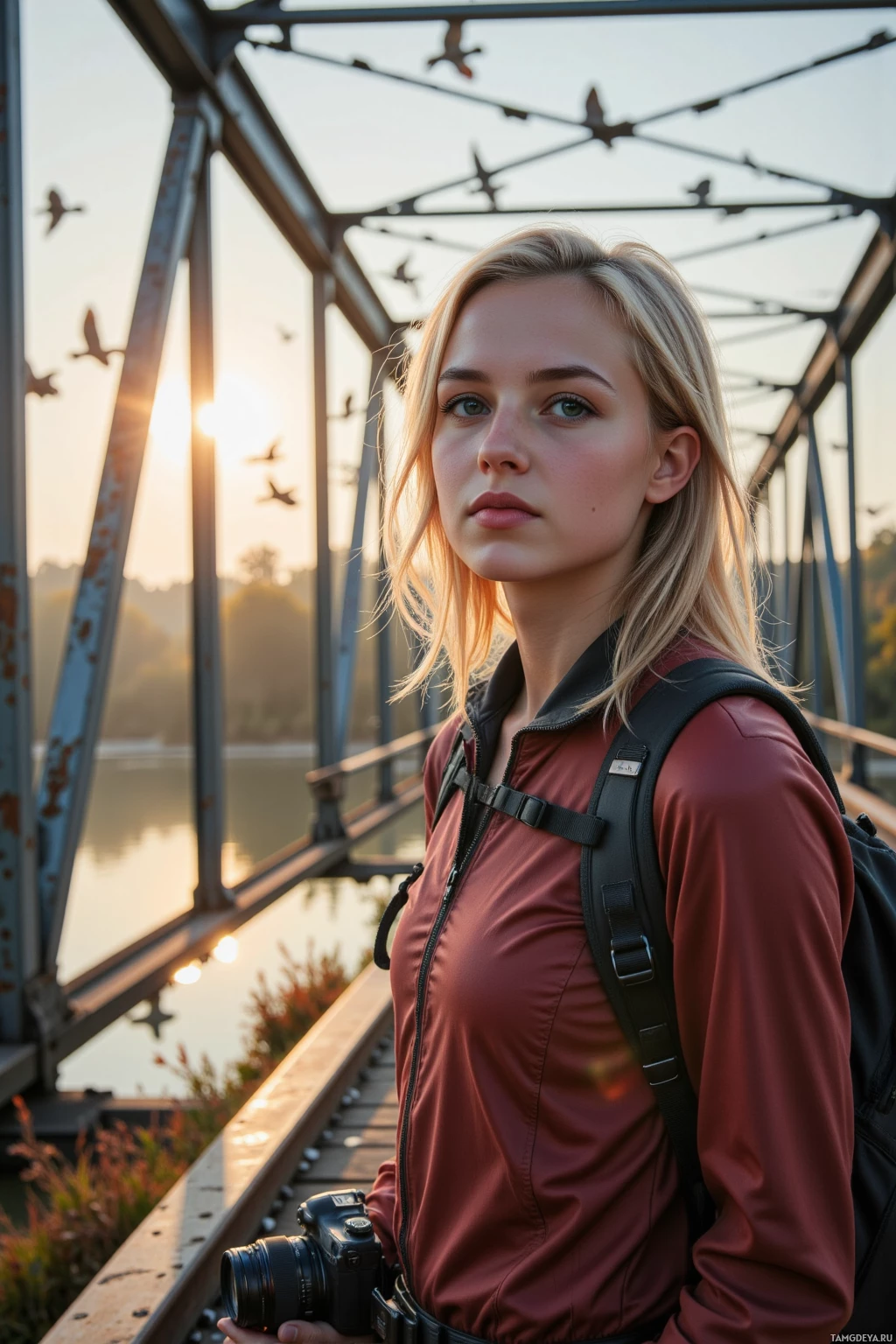 A person stands on a bridge, holding a camera, with birds flying in the background.