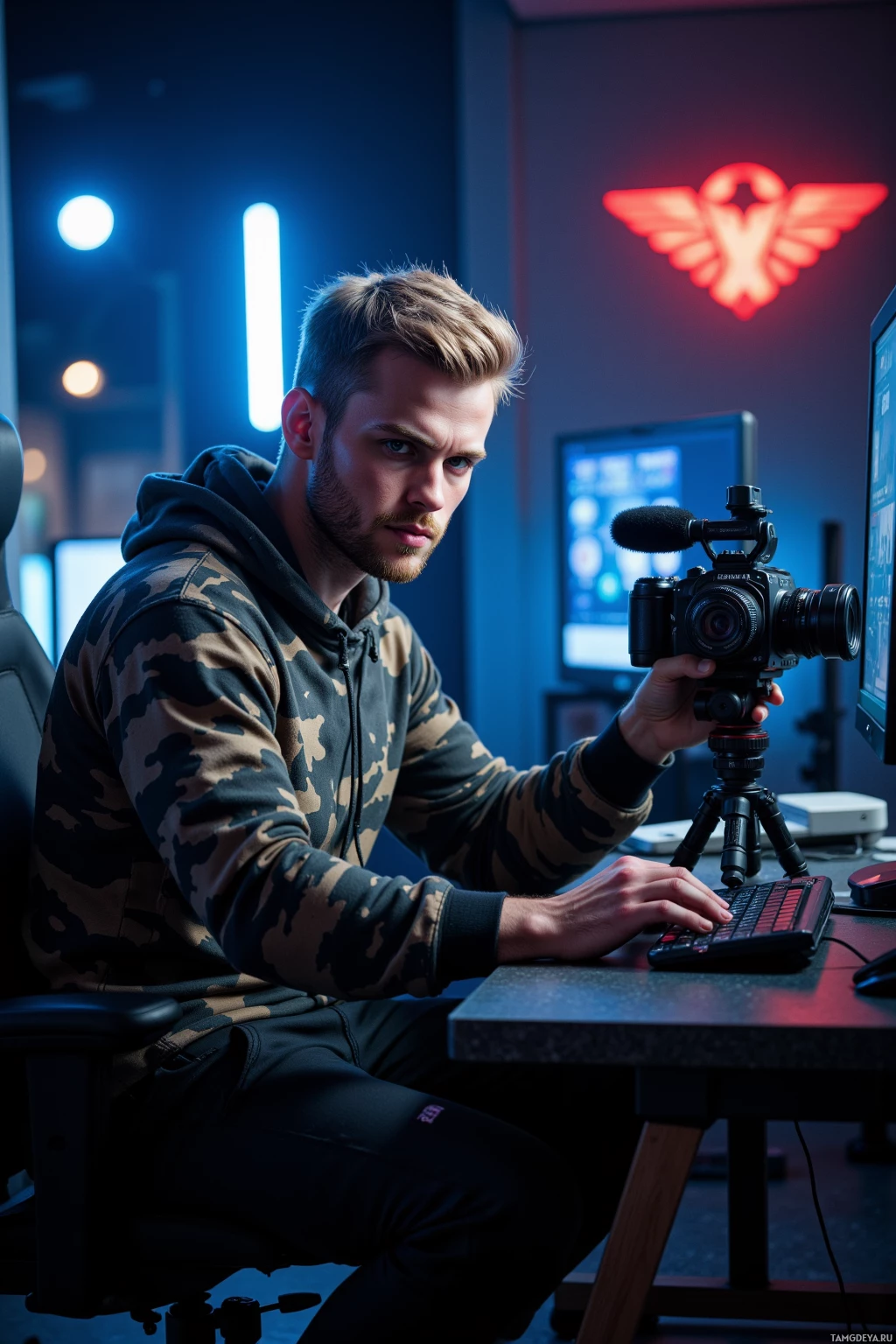 A person in a camouflage hoodie is sitting at a desk, holding a camera and using a keyboard, with a red illuminated logo in the background.
