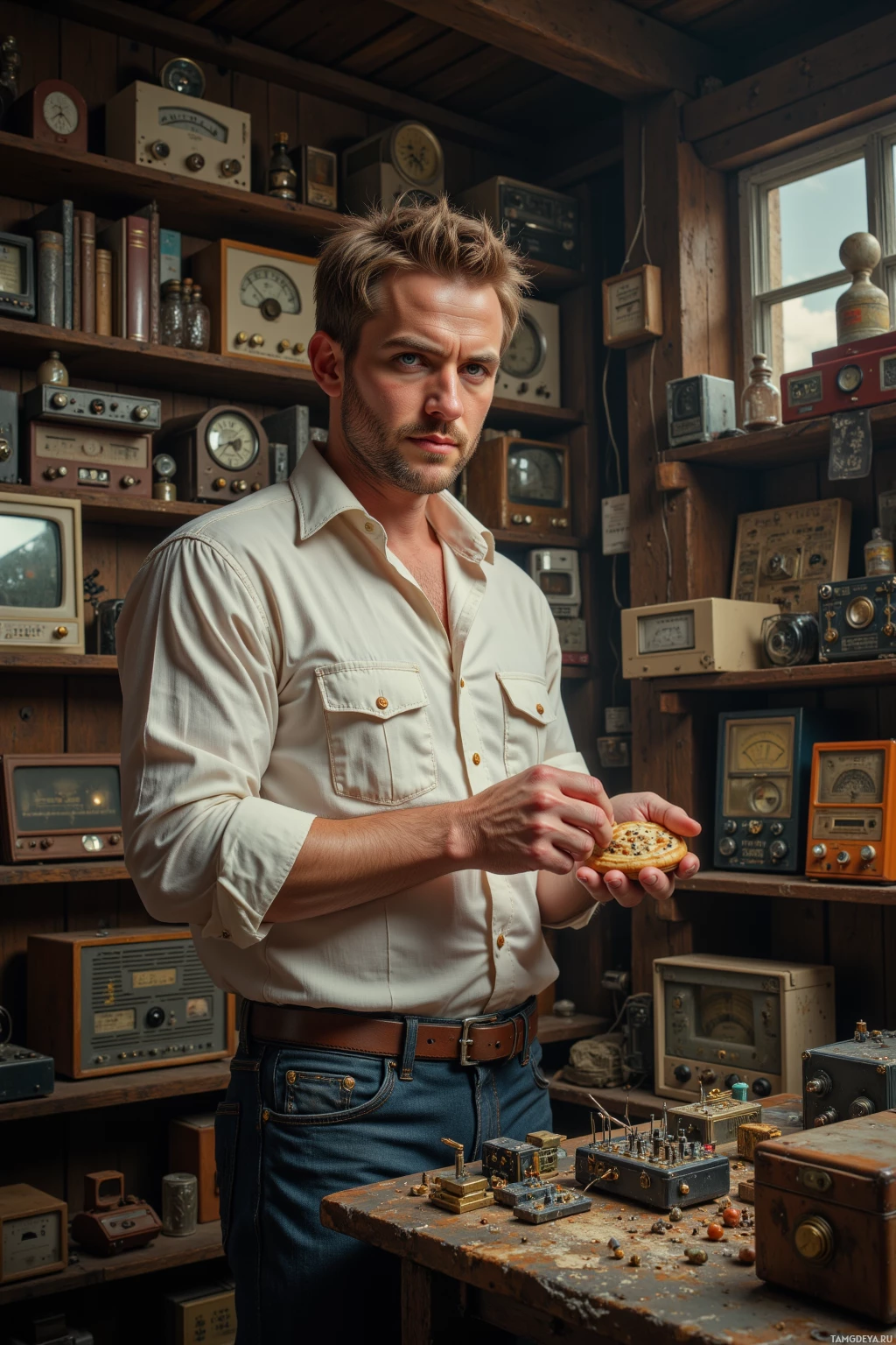 A man in a workshop setting holds a small object in his hands, surrounded by vintage electronics and tools.