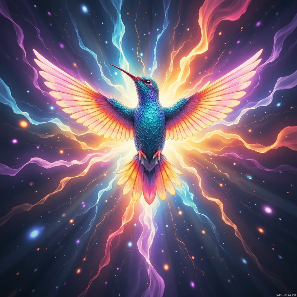 A vibrant hummingbird with colorful wings is surrounded by swirling light and energy against a dark background.