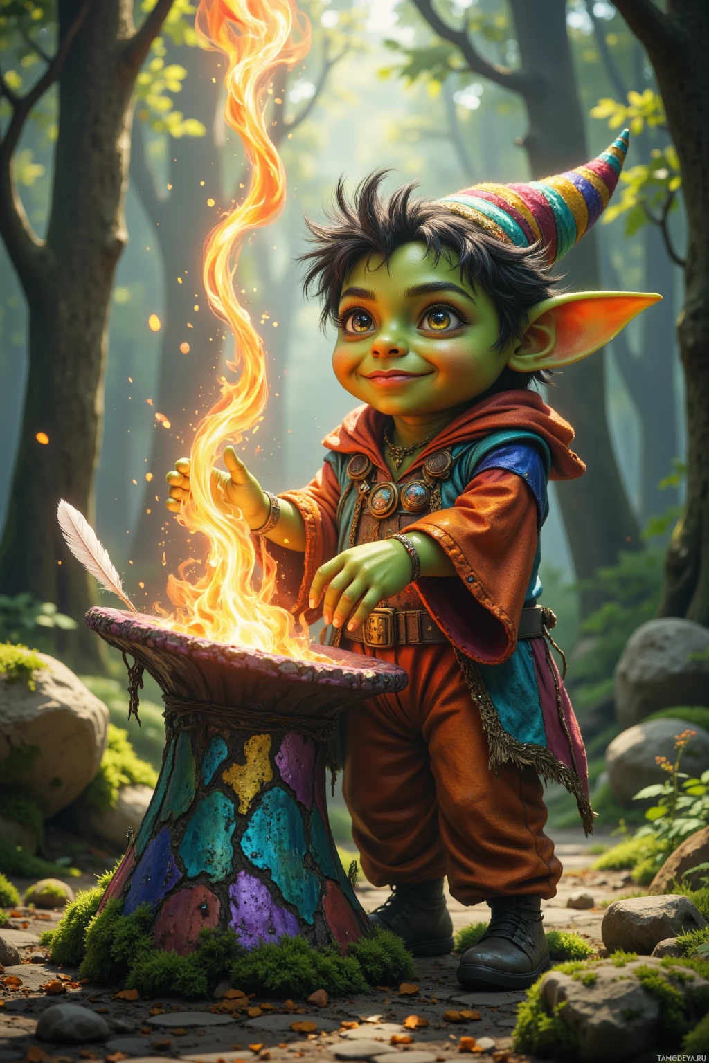 A whimsical character with green skin and pointed ears stands beside a colorful cauldron emitting flames in a forest setting.