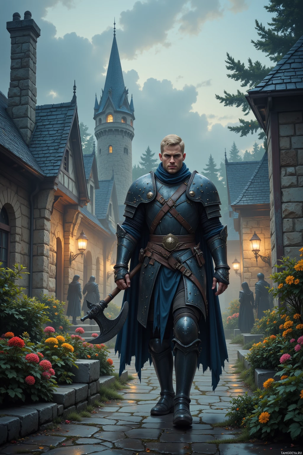 A knight in armor stands on a cobblestone path near a castle with a tall spire and lit lanterns.