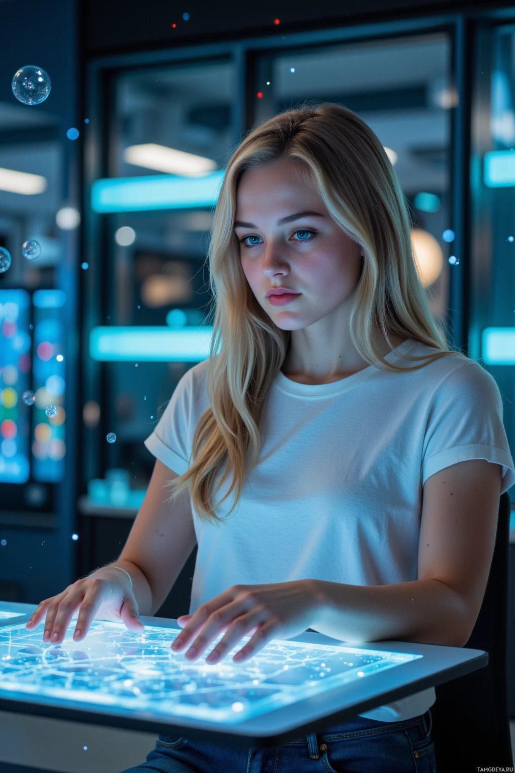 A person interacts with a glowing, interactive display in a modern setting.