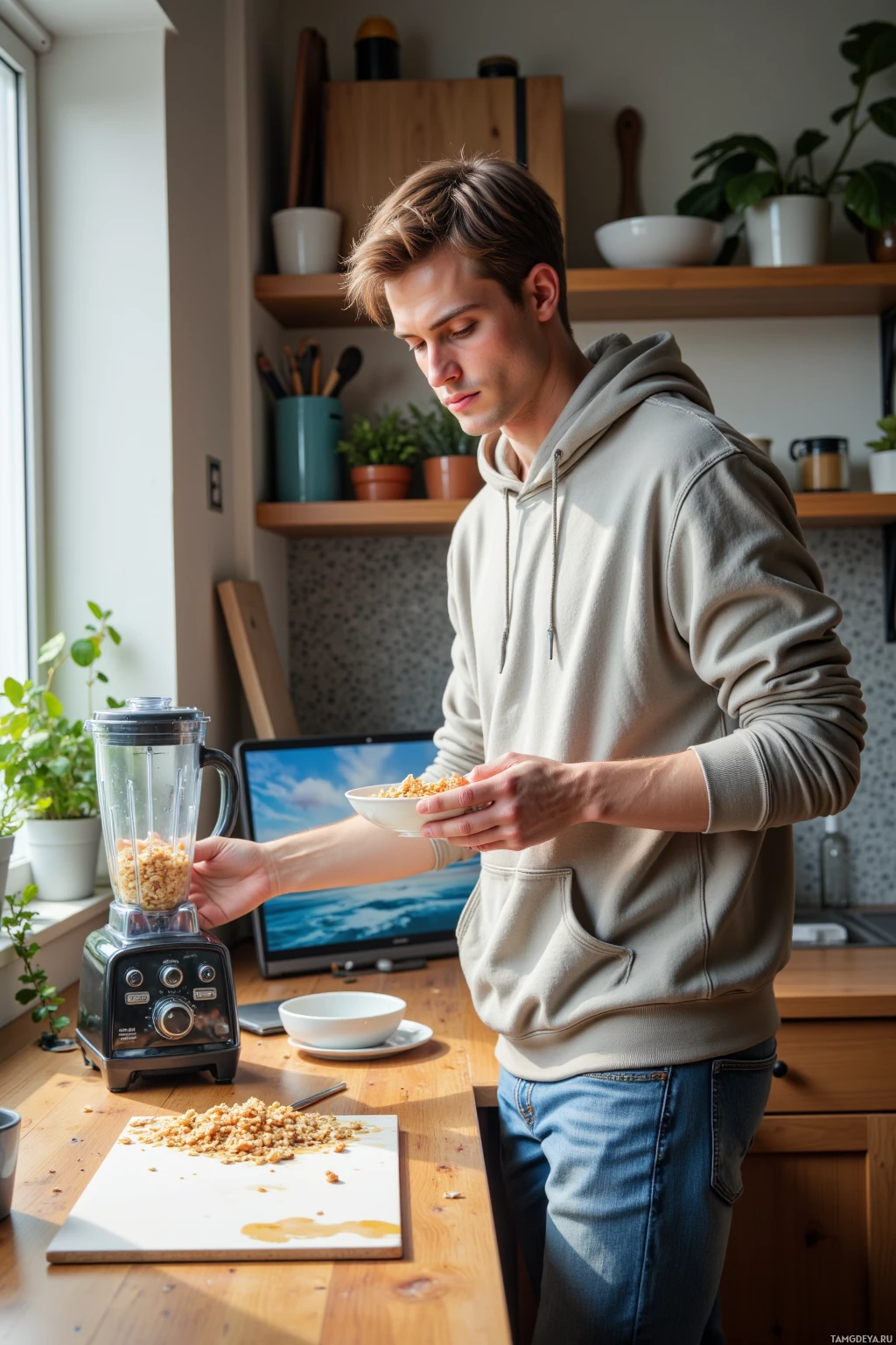 A person in a hoodie is preparing food in a kitchen, holding a bowl and a blender.