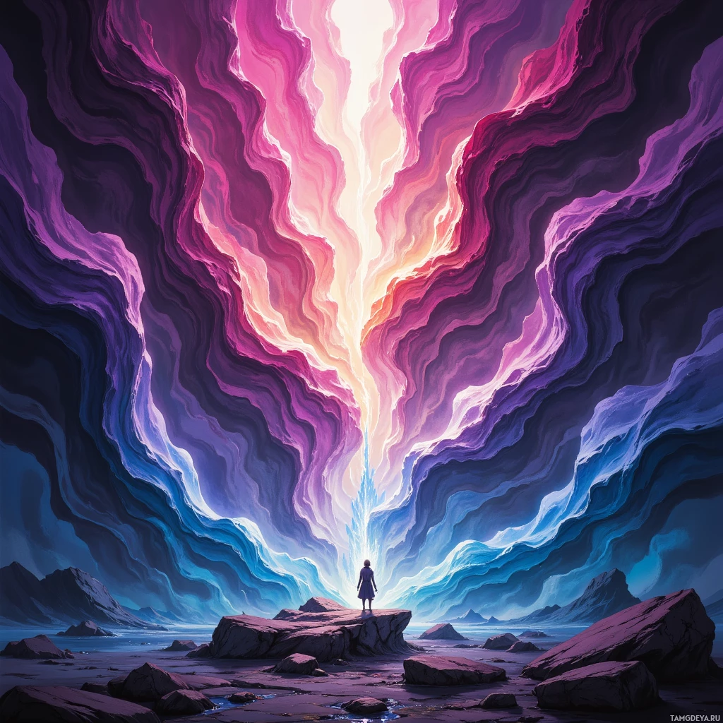 A lone figure stands on a rocky outcrop, gazing upward at a radiant, ethereal light source.
