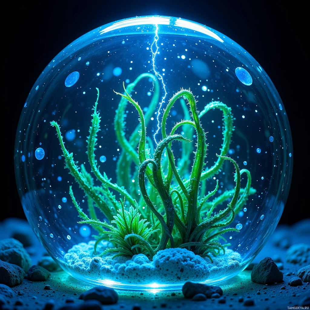 A glowing terrarium with green plants and blue lighting.