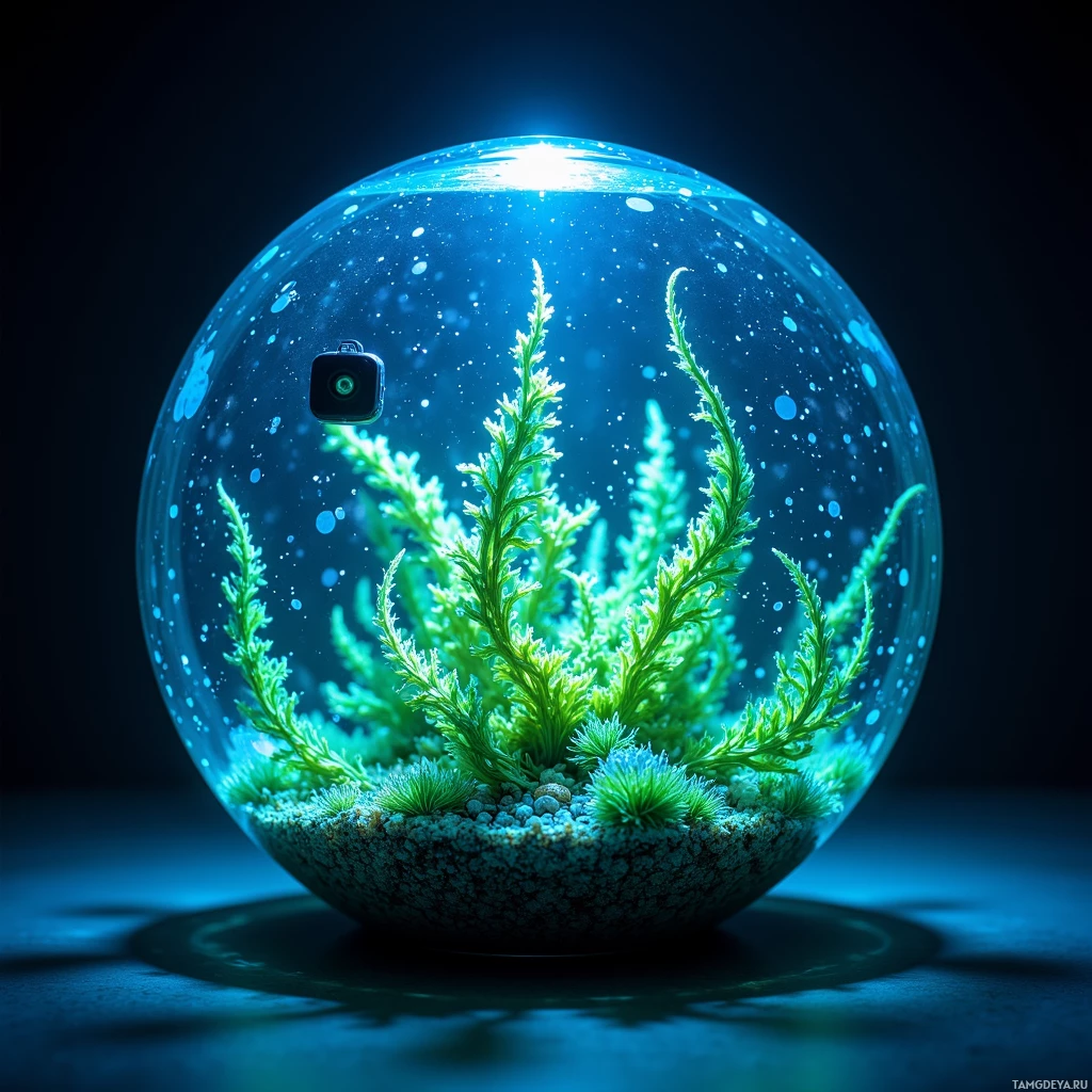 A glowing, spherical terrarium with a small camera and green plant inside.