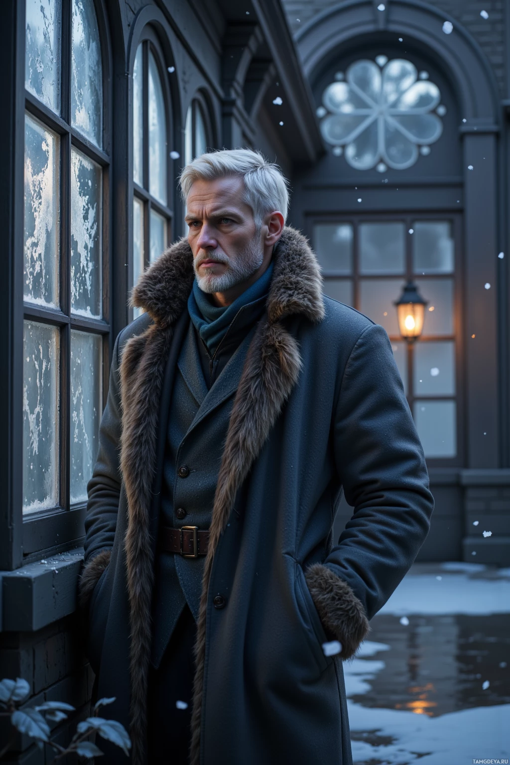 A man in a winter coat stands outside a building with snowflakes falling.