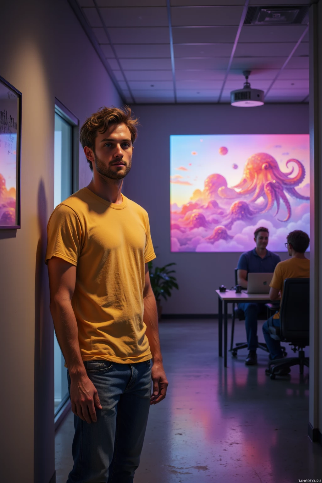 A man in a yellow shirt stands in an office hallway with two people working at a desk behind him.