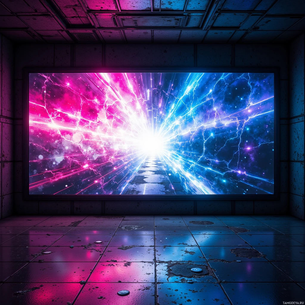 A vibrant, cosmic scene displayed on a large screen in a dimly lit, industrial room.