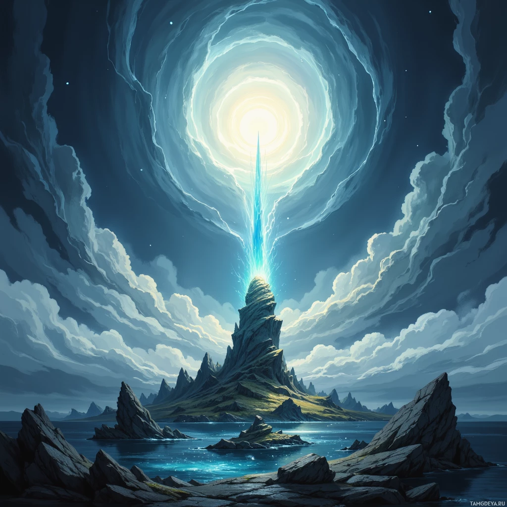 A fantastical landscape featuring a glowing tower emitting light, surrounded by rocky terrain and a cloudy sky.
