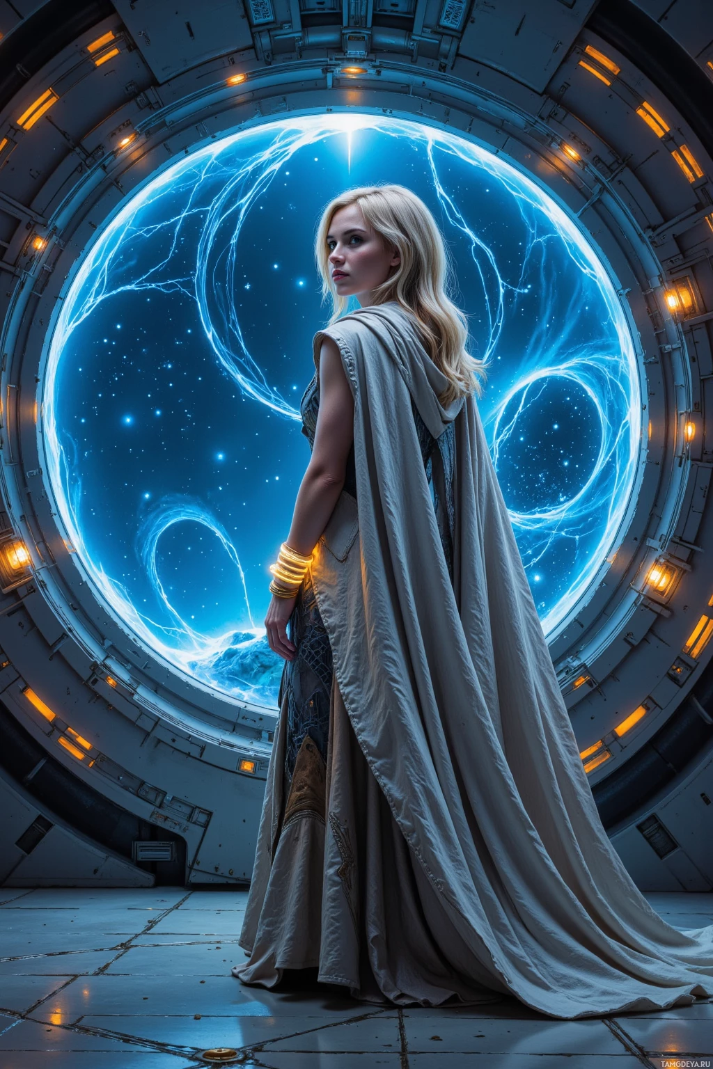 A woman in a flowing robe stands in a futuristic, circular room with glowing blue energy and stars.