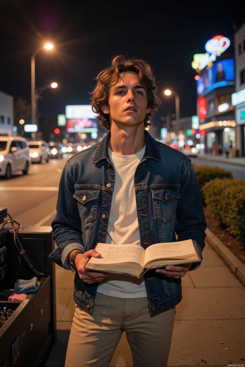 A person stands on a city sidewalk at night, holding an open book.