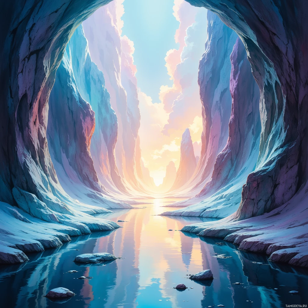 A serene landscape featuring a calm body of water reflecting colorful clouds and towering ice-like cliffs under a bright sky.