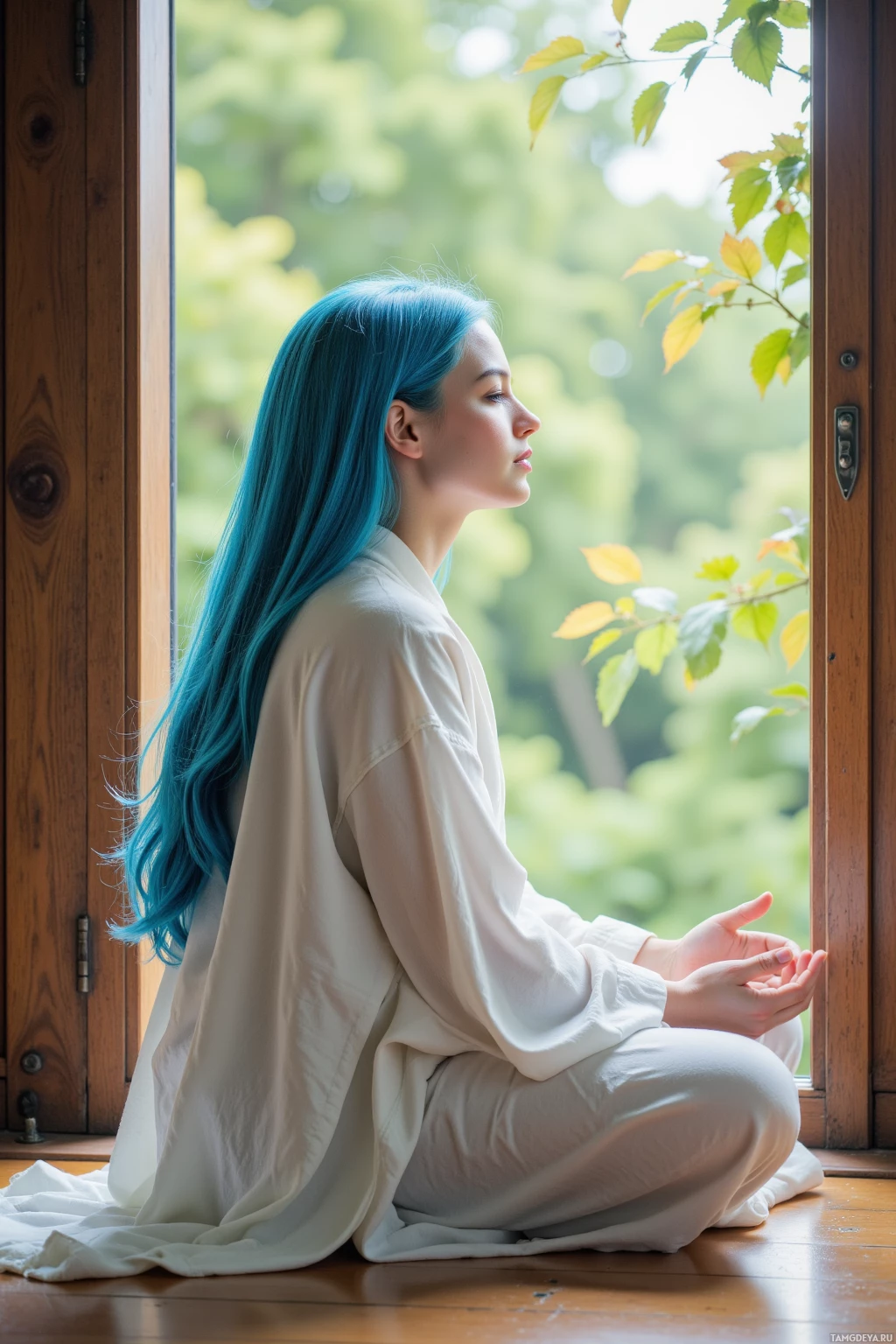 A person with blue hair sits cross-legged by a window, gazing outside.