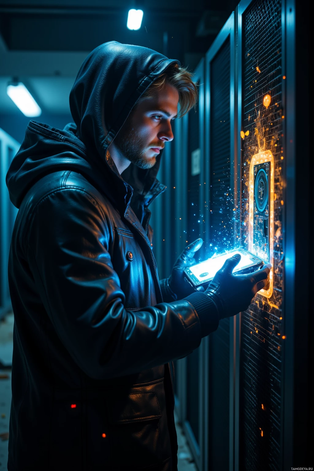 A person in a hooded jacket and gloves interacts with a glowing interface in a dimly lit environment.