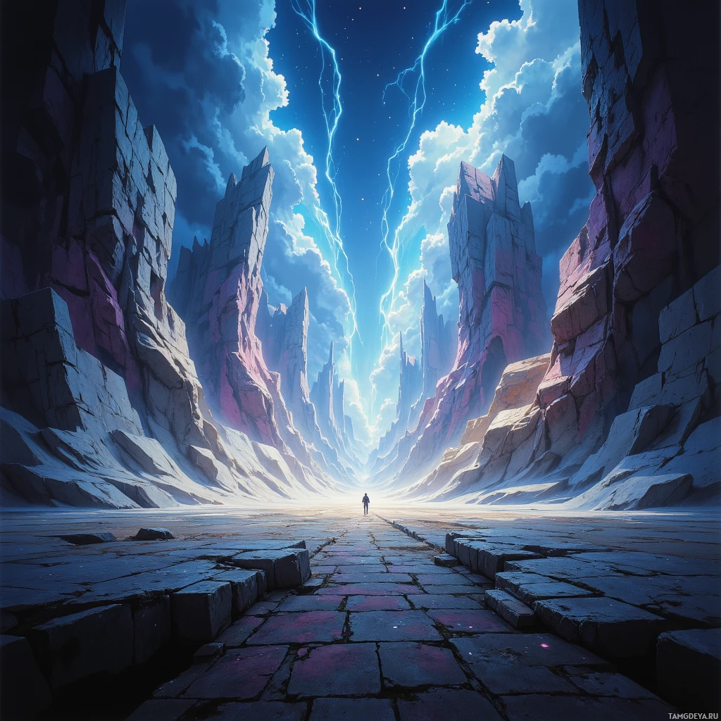A lone figure stands at the end of a stone path leading through a dramatic, ethereal landscape with towering rock formations and lightning streaks in the sky.