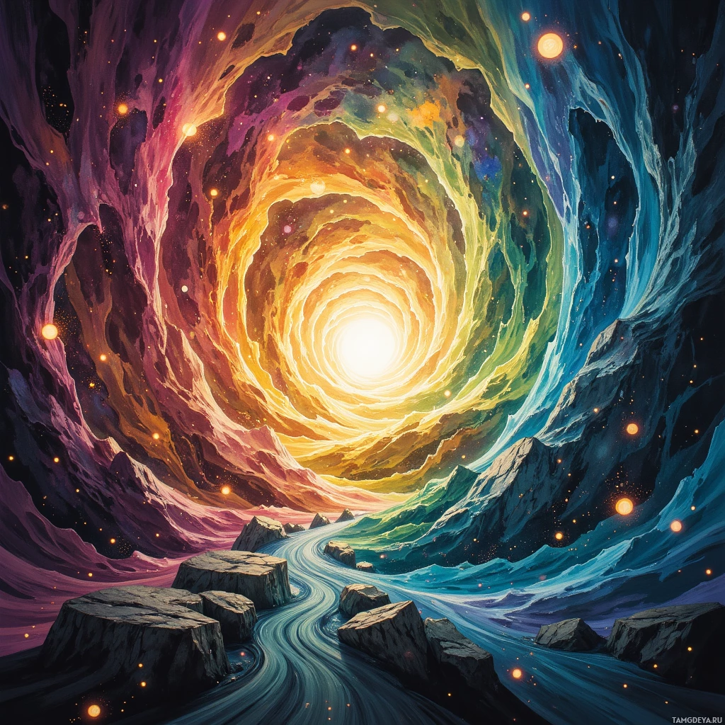 A vibrant, swirling tunnel of colors with a bright light at the center.