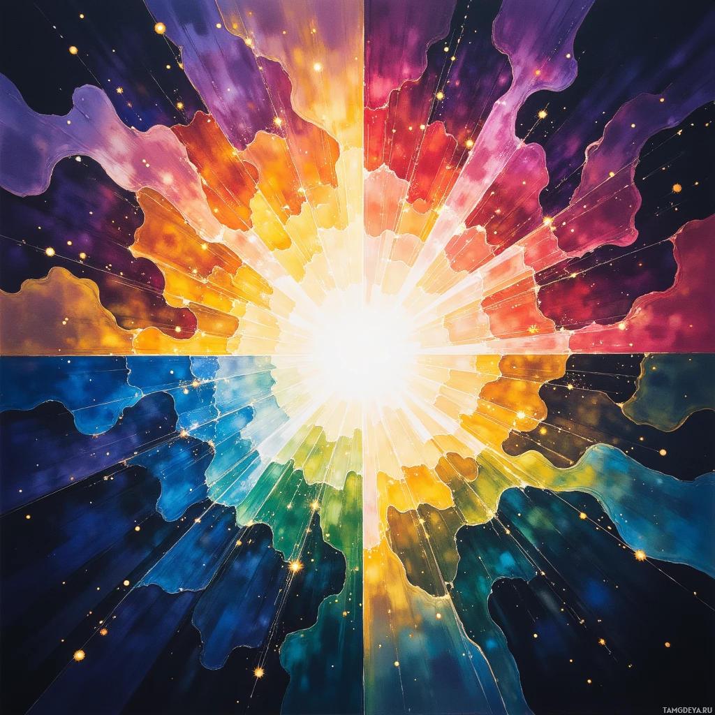 A vibrant, abstract burst of colors radiating outward from a central light source.