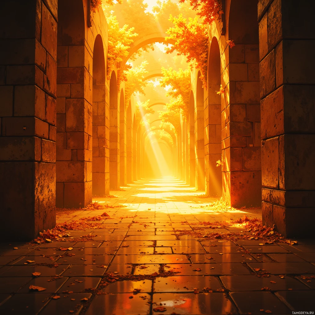 A sunlit pathway lined with arches and autumn leaves.