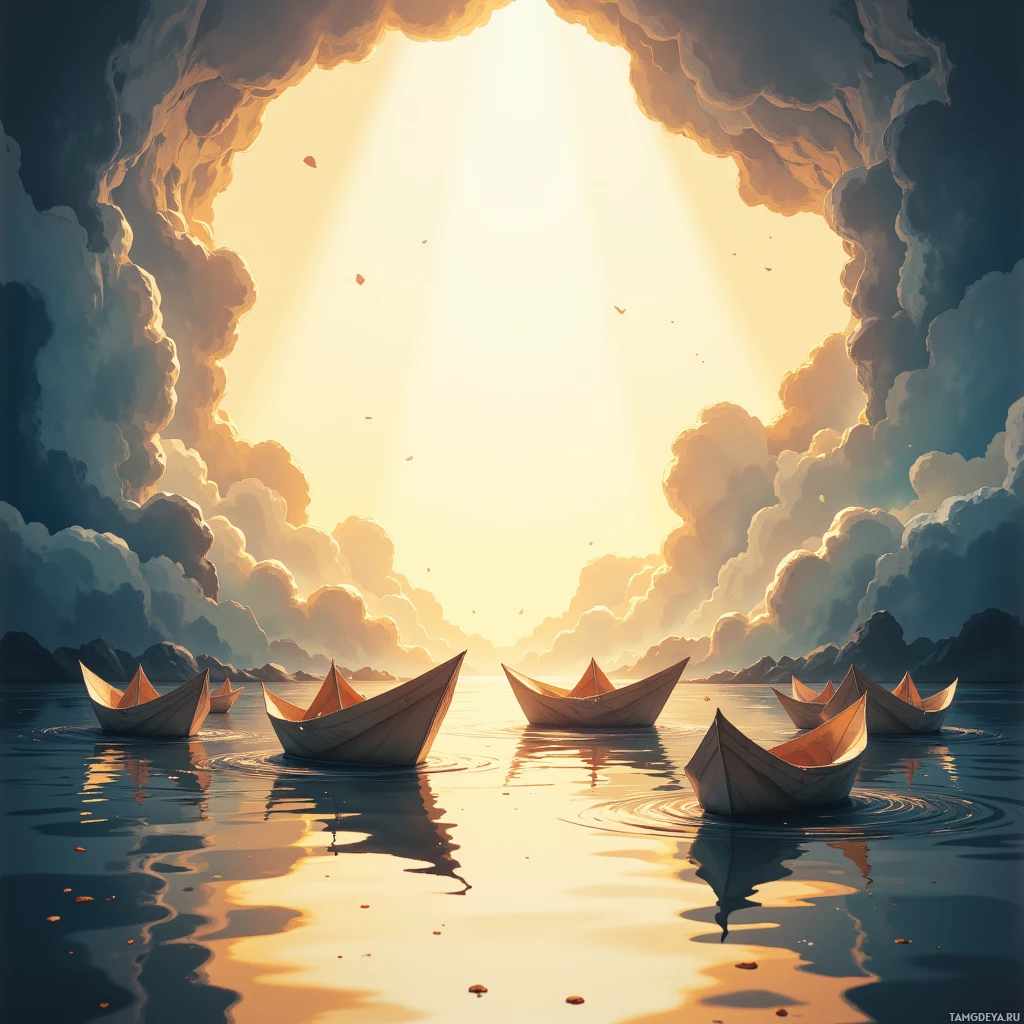 Paper boats float on calm water beneath a dramatic sky with a glowing sun.