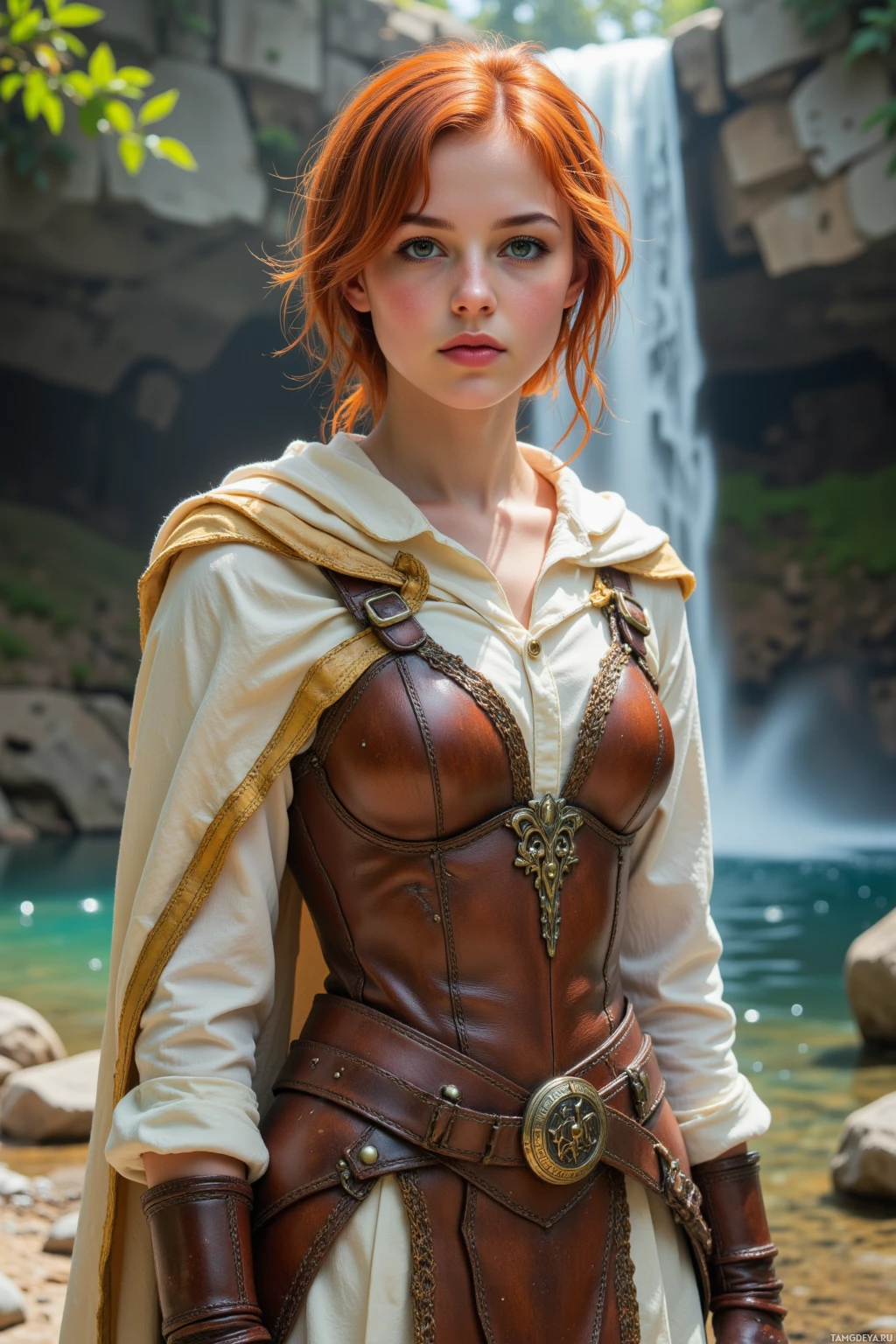 A person in medieval-style armor stands near a waterfall.