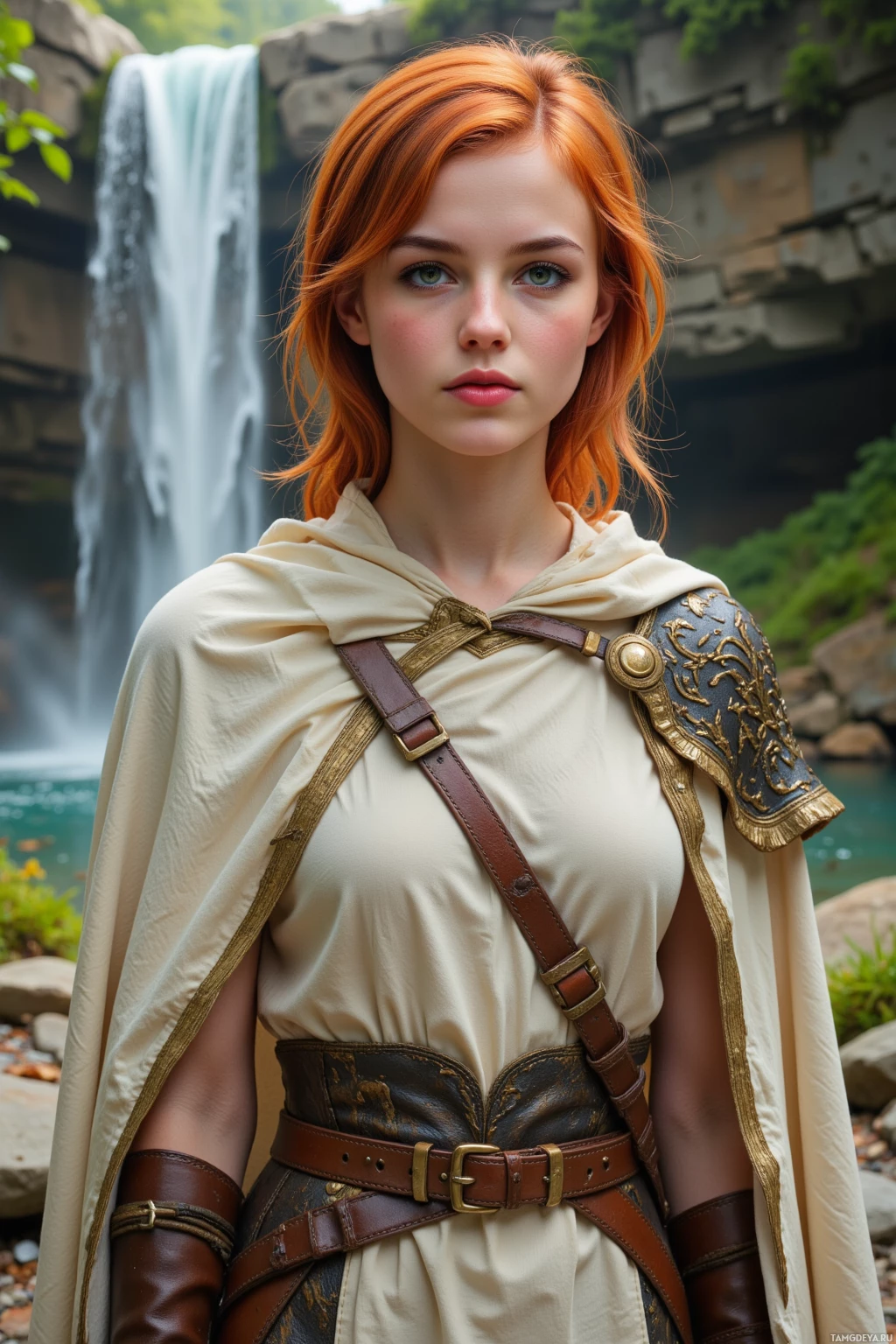 A person with red hair stands in front of a waterfall, wearing a beige tunic with leather straps and a cape.
