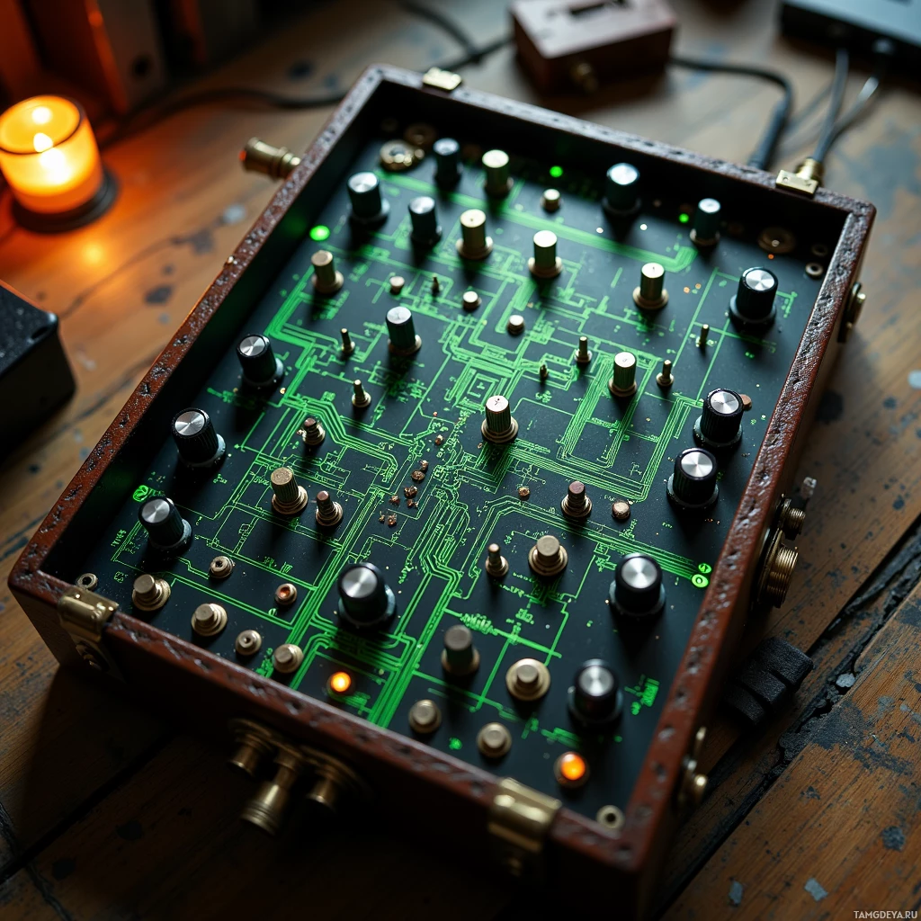 A close-up of a vintage electronic device with green circuitry and multiple knobs and switches.