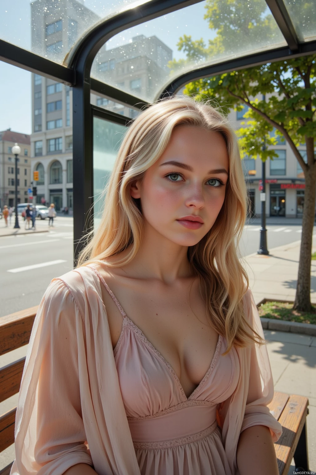 A person with long blonde hair sits on a bench in an urban setting.