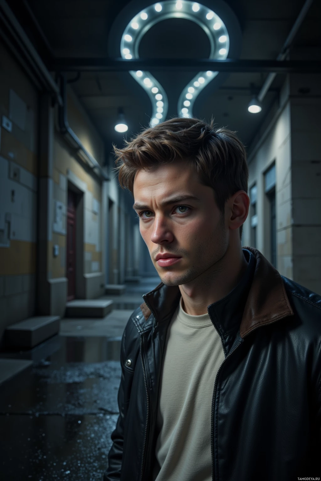A man in a leather jacket stands in a dimly lit corridor with circular lights overhead.