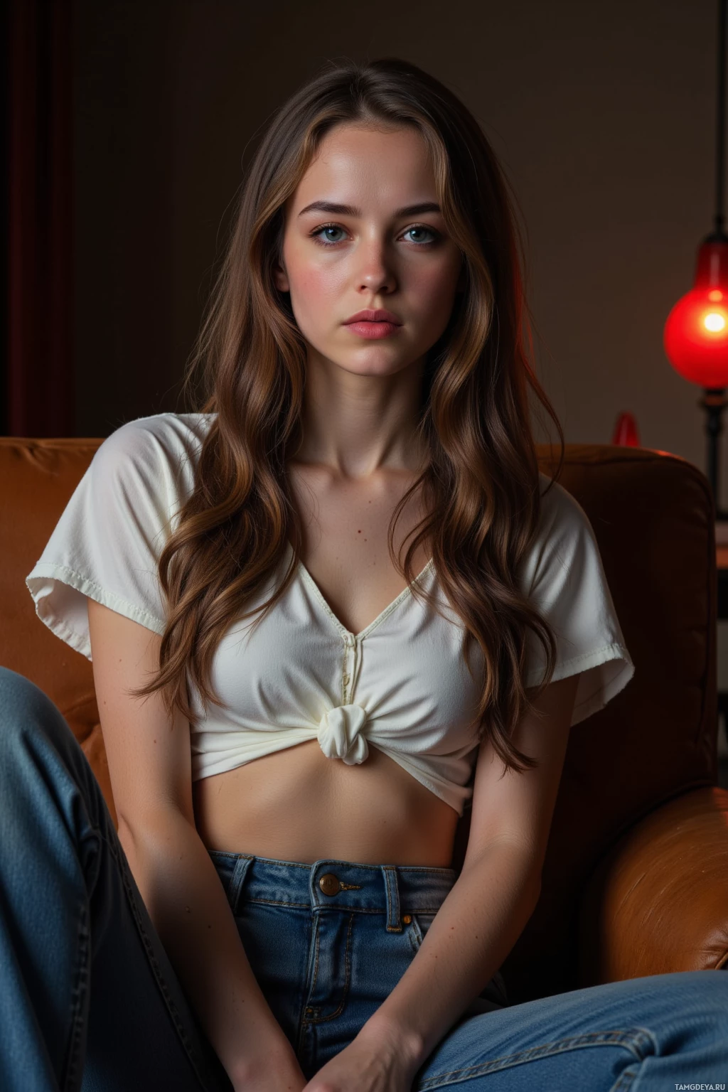 A person with long, wavy hair wearing a white cropped top and jeans sits on a couch.