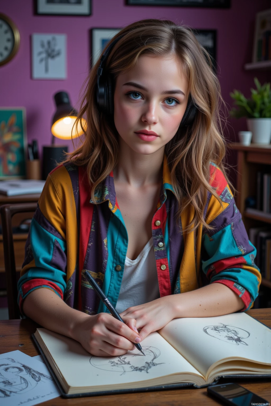 A person wearing headphones and a colorful jacket is drawing in an open sketchbook at a desk.