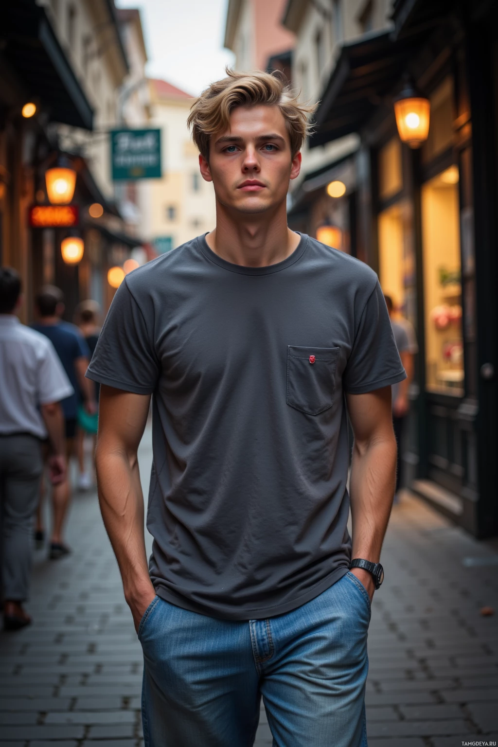 A person stands on a cobblestone street wearing a dark gray t-shirt and jeans with hands in pockets.