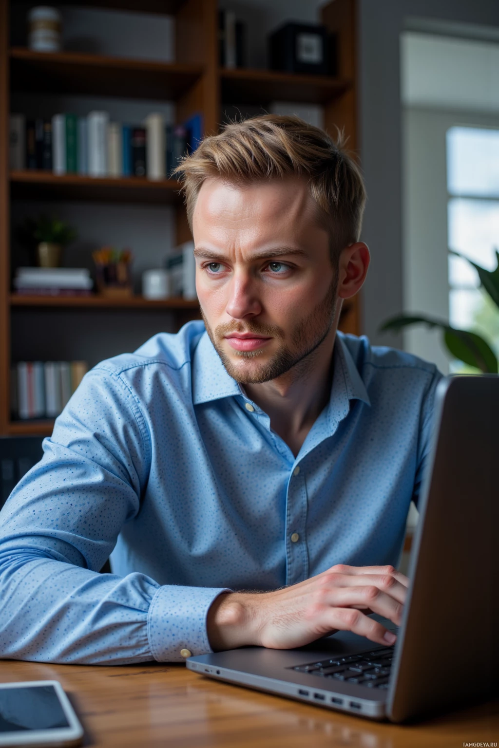A man in a blue shirt is working on a laptop at a desk.