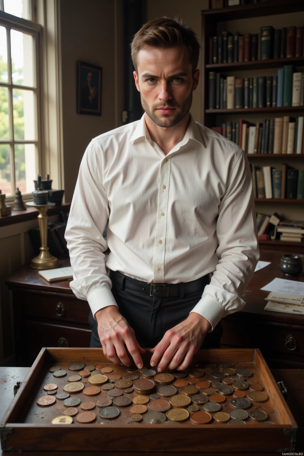 A person in a white shirt stands behind a wooden tray filled with coins, in a room with bookshelves and a window.