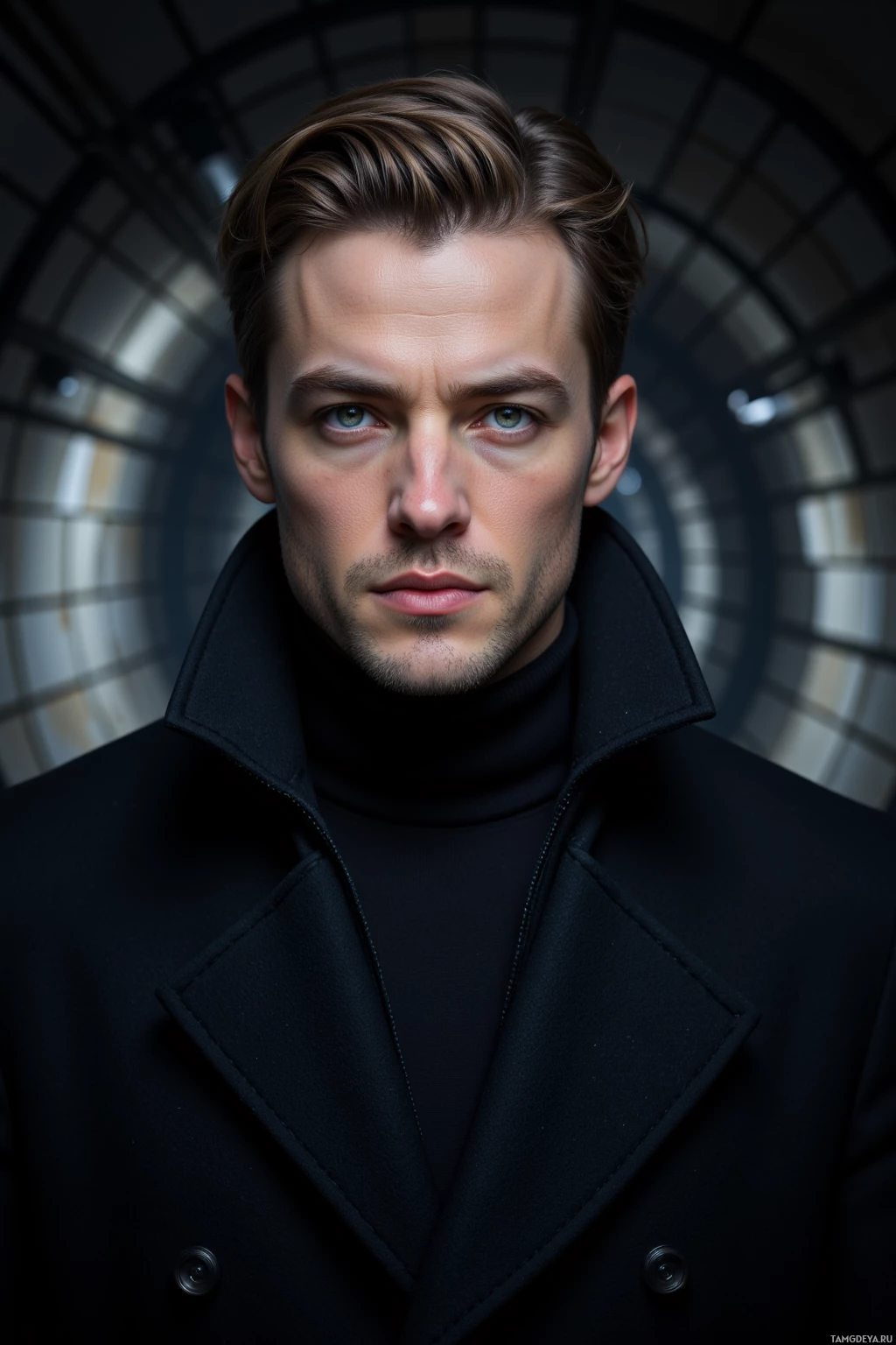 A man with neatly styled hair and a serious expression is wearing a black coat over a turtleneck sweater.
