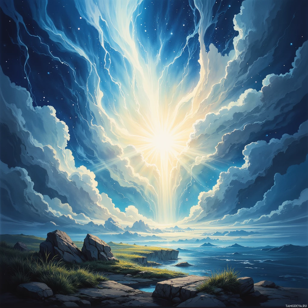A serene landscape with a glowing sunburst in the sky, surrounded by clouds, and a rocky shoreline below.