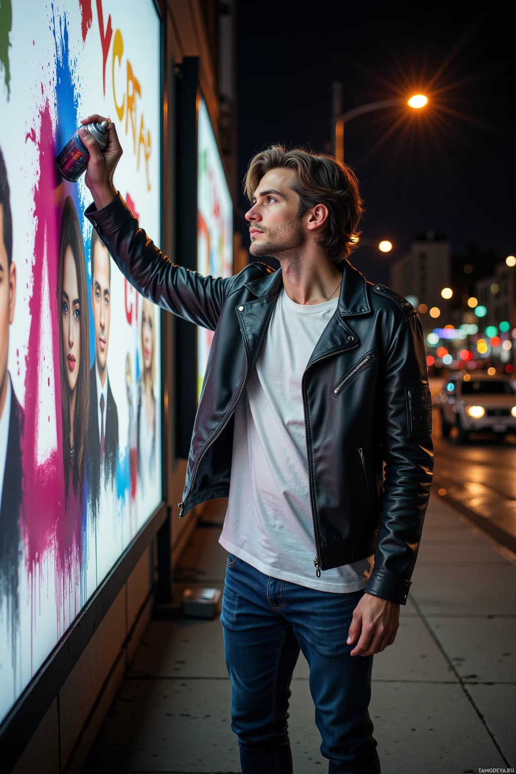 A man in a leather jacket spray paints a billboard at night.